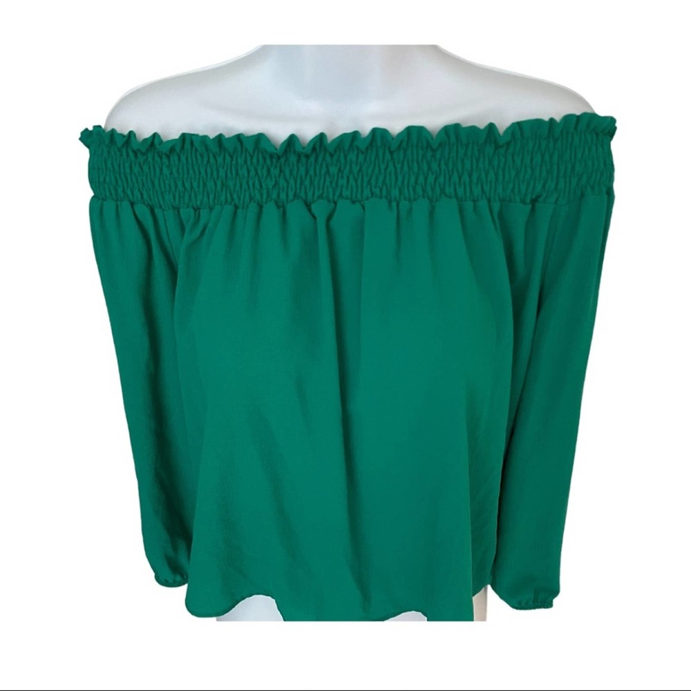 Emerald Green Off Shoulder Long Bubble Sleeve Solid Top - Junior Large